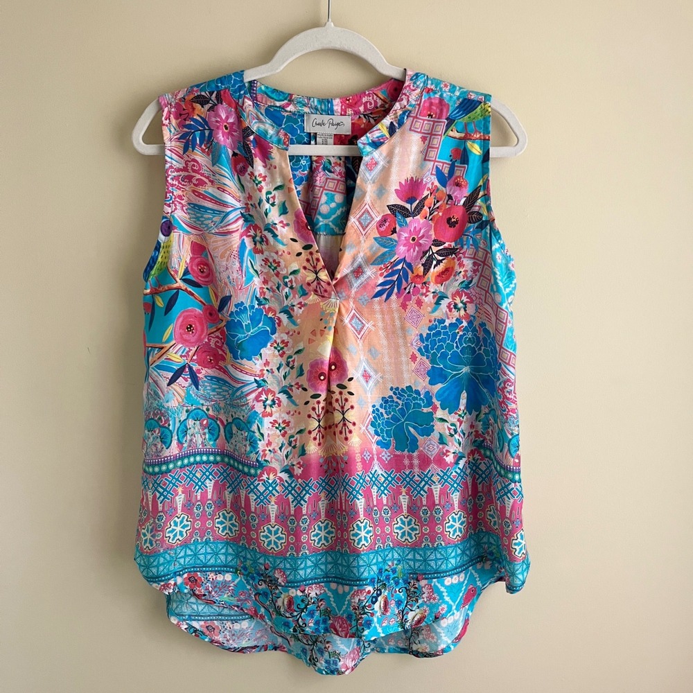 Charlie Paige Tunic Top Women's Small Tropical Aqua Blue Vacation Resort Floral